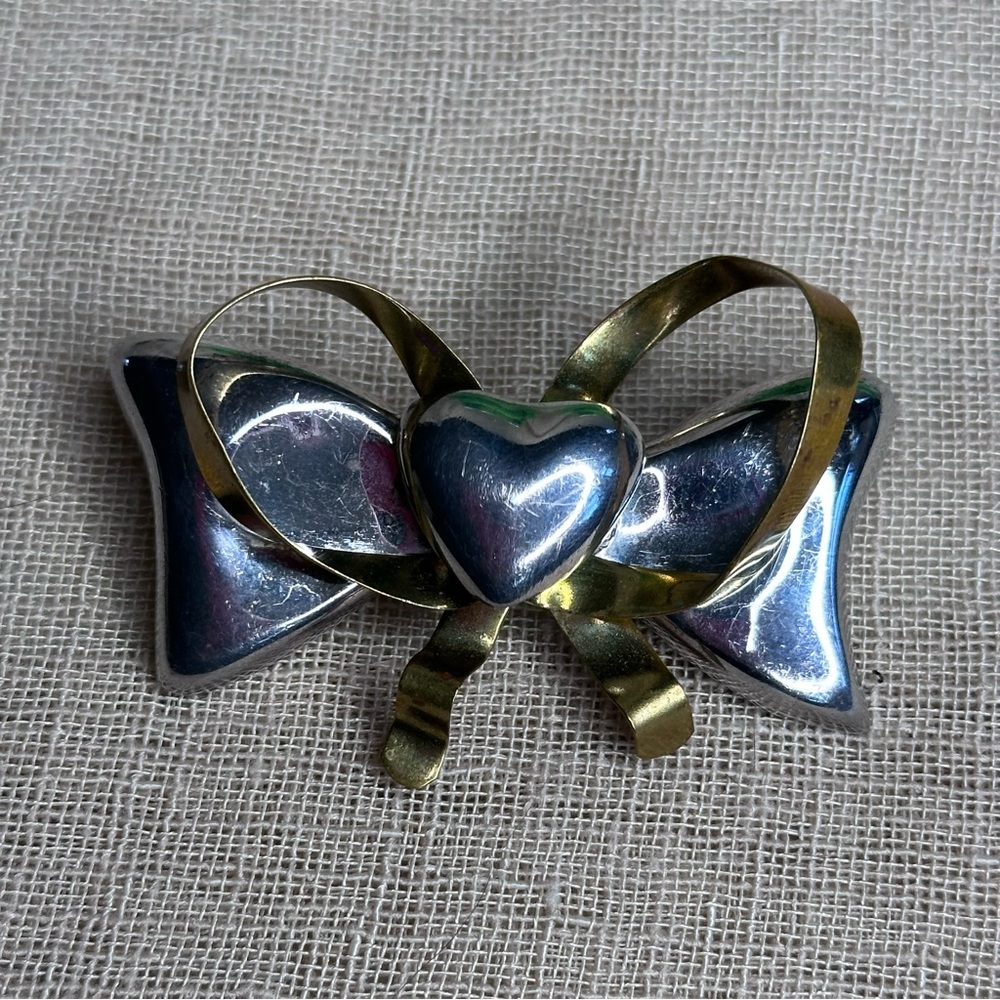 925 Sterling Silver Vintage Mexico Puffy Heart & Bow Pendant Pin Brooch